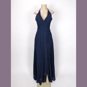 Jenny Yoo Size 0 Womens Halter Deep V Neck Side Slit Chiffon Maxi Dress In Navy